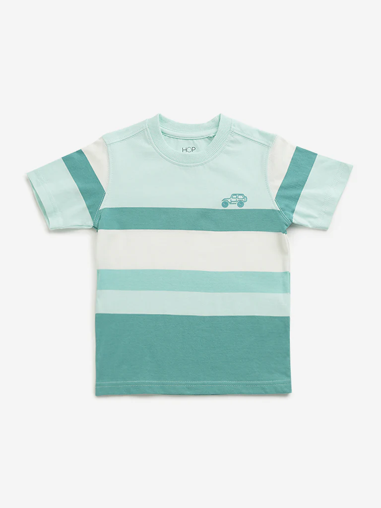 HOP Kids Boys Teal Colour-Blocked Cotton T-Shirt