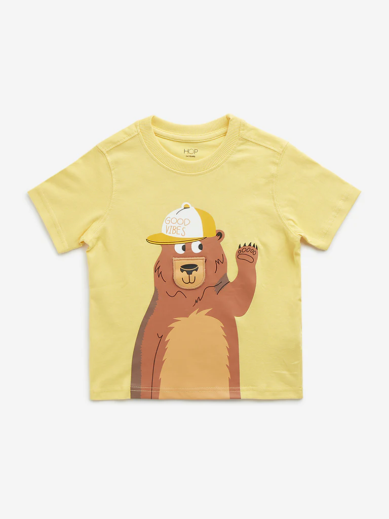 HOP Kids Boys Yellow Bear Printed Cotton T-Shirt