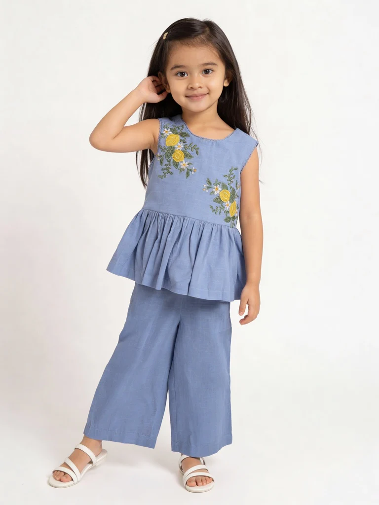 Utsa Kids Girls Blue Embroidered Cotton Peplum Top - (2-8 yrs)