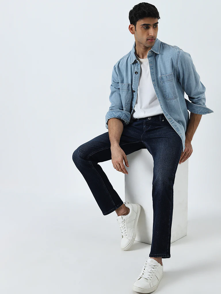 WES Casuals Dark Blue Faded Slim-Fit Mid-Rise Jeans